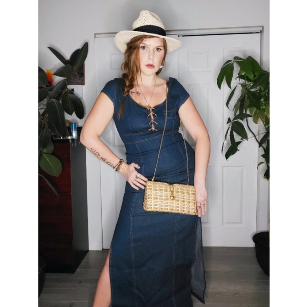Vintage Navy Maxi Dress with Lace-Up Detail